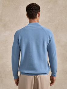 Courvante Men's Minimalist Solid Color Ribbed Knit Half-Zip Raglan Sleeve Sweater, Autumn/Winter Quarter Zip Men Mock Neck Golf, Tennis - Baby Blue - View 3