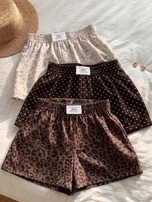 SHEIN EZwear 大尺碼女款豹紋牛仔休閒日常短褲3件組 - 棕色 - 查看 3