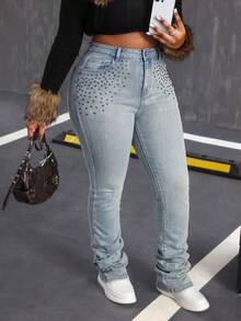 Slaydiva Plus Size Women's Stretch Denim Jeans, American Vintage Distressed Washed Design, Autumn Streetwear Cool Extended Length Skinny Stacked Jeans - Medium Wash - View 3