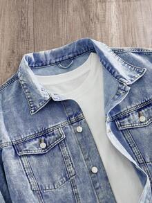 Manfinity Joysei Men Plus Size Simple Solid Color Plain Urban Casual Long Sleeve Denim Jacket For Daily Wear Going Out Hang Out Party Vacation Street, Fall - Medium Wash - View 3
