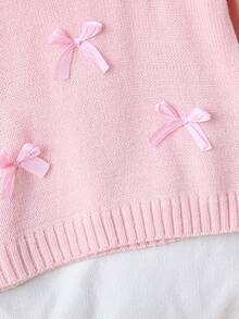 SHEIN Fashionable Versatile Cute Bow Pullover Round Neck Sweater For Girls - Pink - View 6