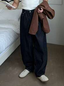 DAZY Spring/Autumn Long Navy Blue Raw Denim Loose Fit Men's Jeans With Back Letter Towel Embroidery - Navy Blue - View 4