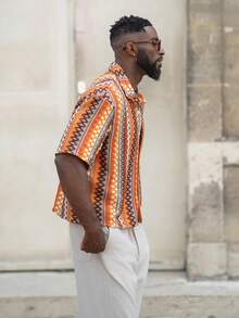 thenoahjr thenoahjr Men's Knitted Casual Loose Short Sleeve Jacquard Pattern Shirt, Everyday Wear, Young Style - Multicolor - View 3