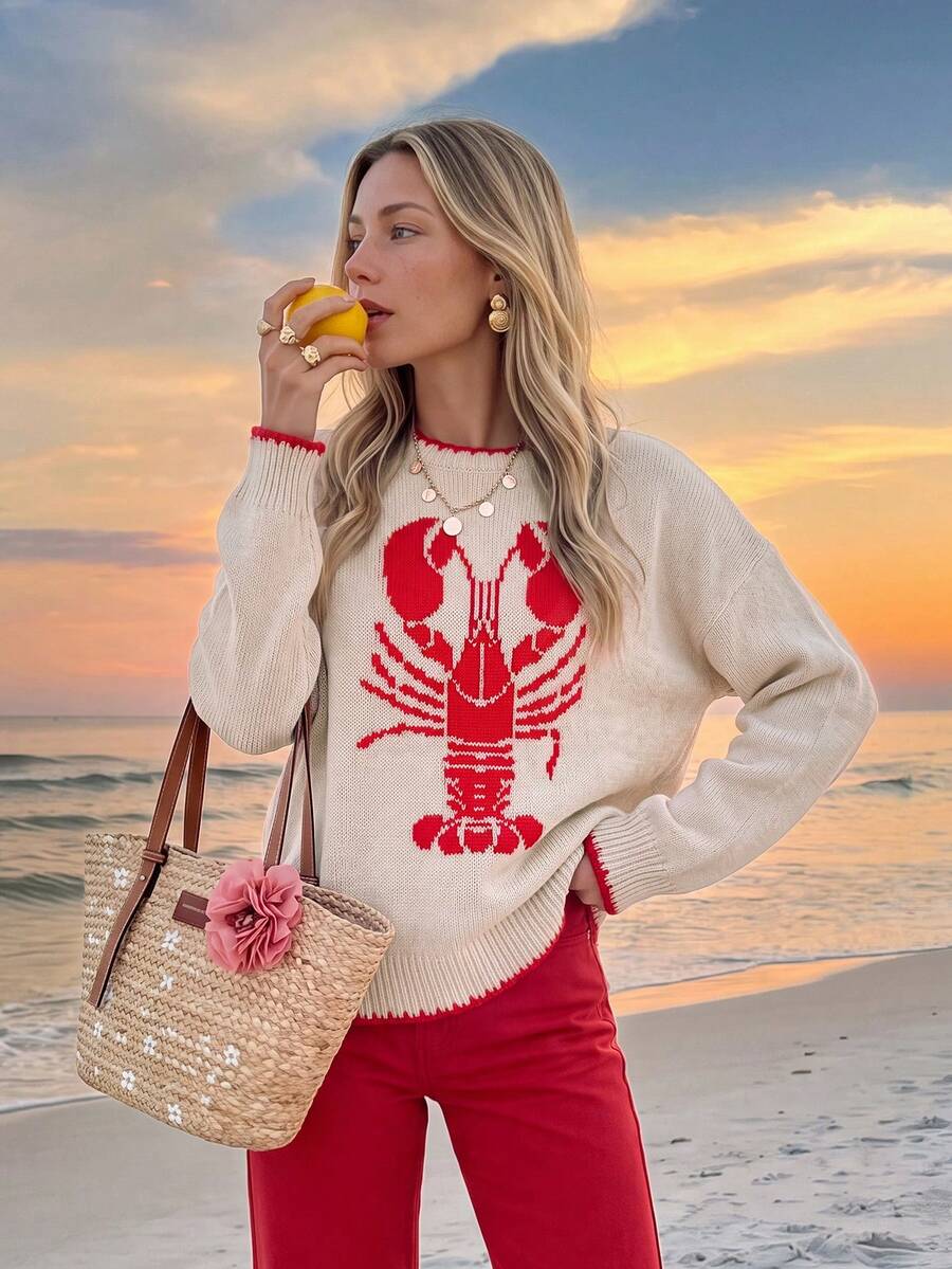 Sylviya Casual Women's Autumn/Winter Lobster Pattern Sweater For Vacation - Multicolor - View 1