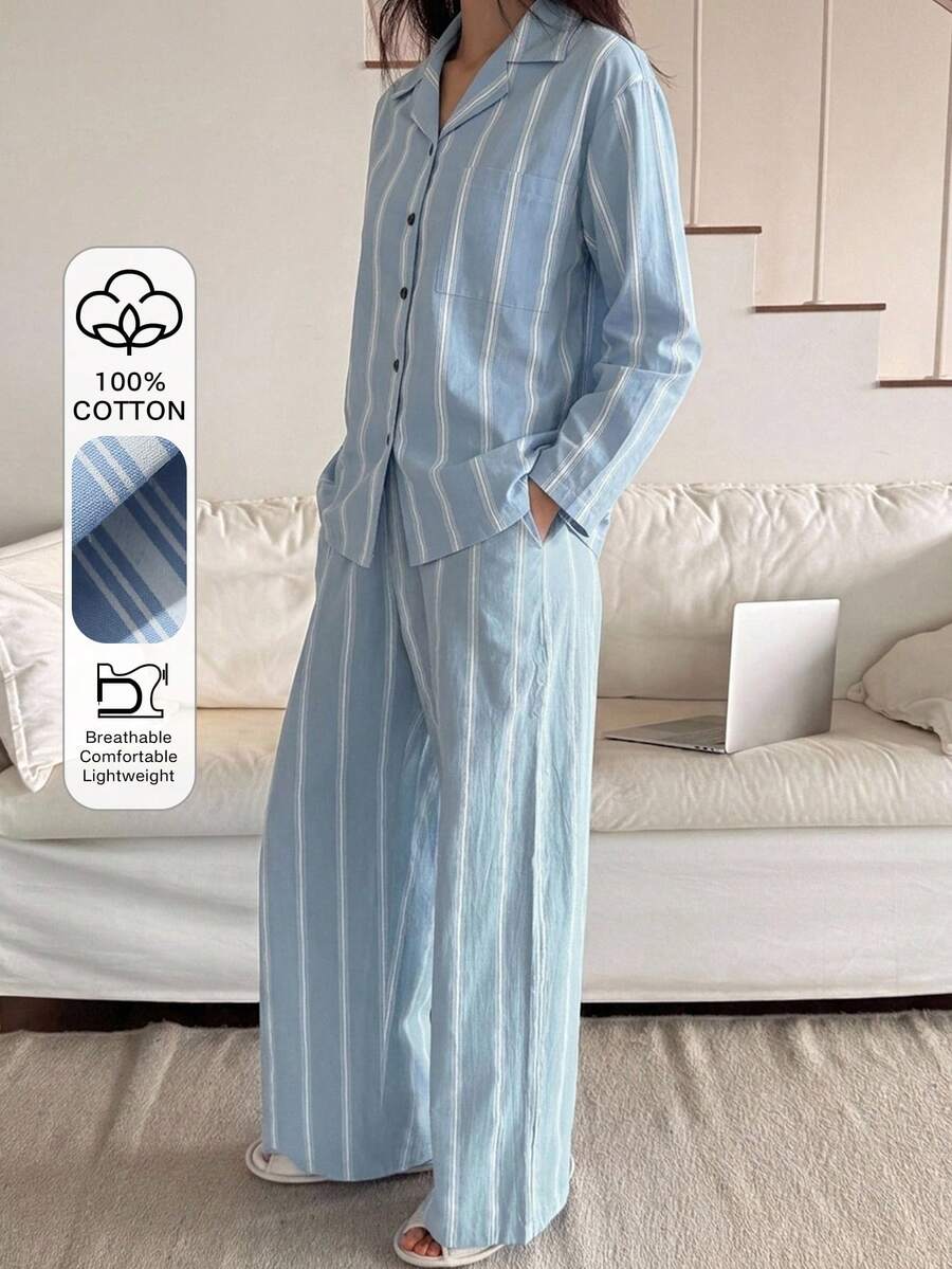 DAZY 女款條紋撞色鈕扣睡衣套裝 - 藍色 - 查看 1