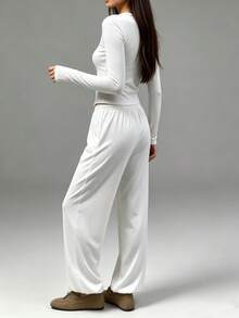 Cévolie Women's Solid Color Long Sleeve Top And Pants Casual Daily 2 Pieces Set - White - View 2