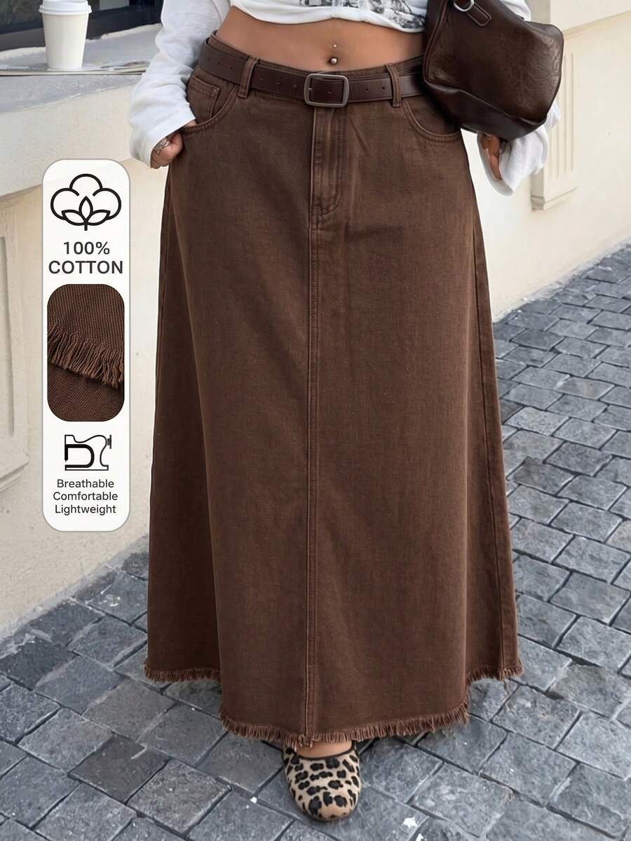 SHEIN MOD 大尺碼女款 90 年代復古傳統街頭風丹寧長裙,鈕扣口袋、毛邊下擺,棕色秋季休閒工作裙,適合早午餐穿著 - 棕色 - 查看 1