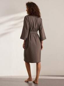 Ocili Comfortable Natural Linen Striped Women's Loungewear Robe - Black - View 3