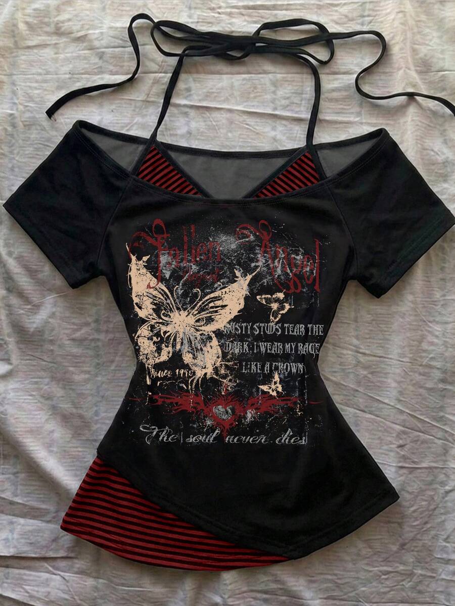 Attitoon Casual Minimalist Street Style Butterfly Pattern Red Contrast Black Striped Women's 2 In 1 T-Shirt Suitable For Spring/Summer Y2K - Multicolor - View 1