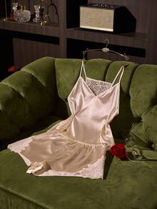 SilkySpell Sexy Beige Lace Backless Patchwork Camisole & Shorts Pajama Set For Women - Beige - View 2