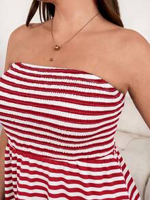 Shapeblank Plus Size Women's Striped Colorblock Ruched Casual Daily Tube Top - Red - View 7