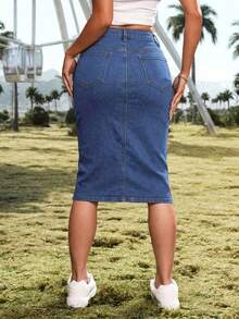 SHEIN ICON Women's Casual Denim Skirt With Side Slit Hem And Pockets - Dark Wash - View 2