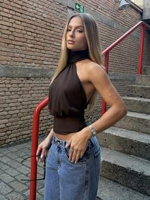 BiaLiraa Chocolate Brown Knit Turtleneck Top For Women,Summer Top - Chocolate Brown - View 4