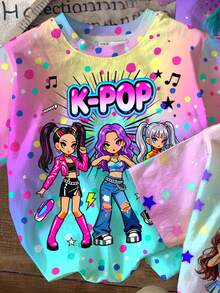 少女彩色酷炫漸層 K-Pop 超級巨星卡通女團印花圓領短袖基本款T恤，適合春夏，3件組 - 彩色 - 查看 6