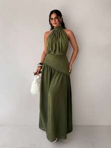 Sirith Fashion Women's Olive Green Knit Patchwork Chiffon Sheer Dress Wedding Garden Party Vacation Summer European Tropical - Green - View 5
