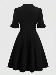 SHEIN LUNE CURVE 大码女式 V 领系带荷叶边袖优雅连衣裙 - 黑色 - 查看 2