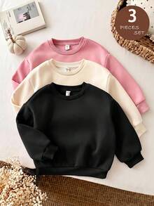 SHEIN LMoss Kids 女童 3件組 針織素色圓領寬鬆休閒秋季衛衣套裝 - 黑色 - 查看 4
