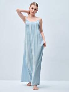 Softvol 1件女款性感露背細肩帶睡裙 - 藍色 - 查看 6