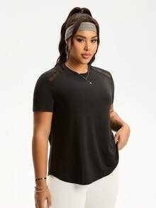 Rhythm Era Plus Size Women Sports Yoga Basic Mesh Patchwork Racerback Short Sleeve T-Shirt Open Back Shirt  Black Tops For Women - Black - View 5