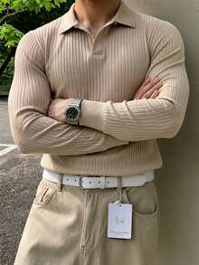 JOLTRO 男士純色長袖休閒通勤 Polo 衫 - 卡其色 - 查看 3