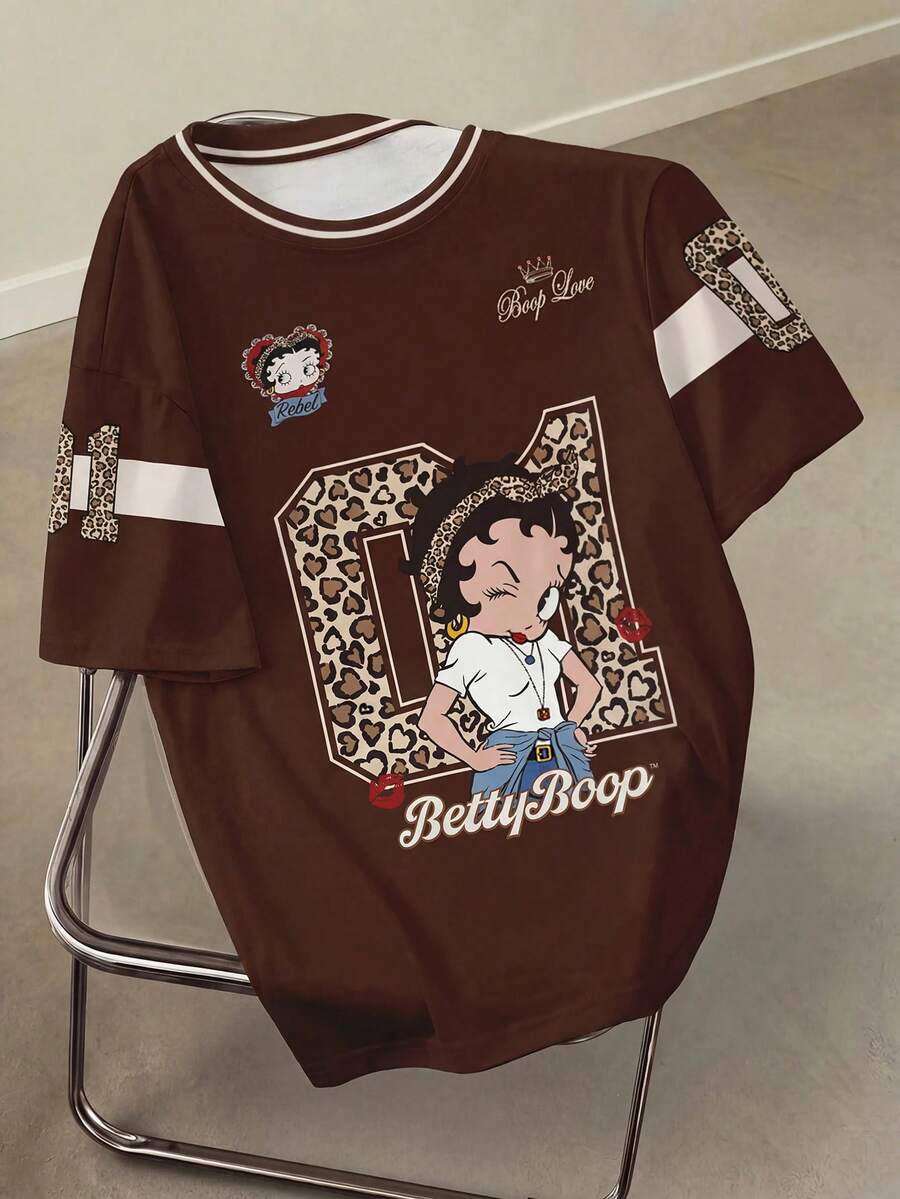 Betty Boop x SHEIN 大尺碼夏季復古牛仔豹紋數字與卡通肖像圖案圓領短袖T恤 約會之夜運動風巧克力棕色 - 白色 - 查看 1