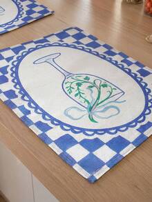 SHEIN 1 Piece, 2 Pieces, 4 Pieces, 6 Pieces, French Pastoral Blue And White Checkerboard Placemat, Linen Fabric Goblet Printed Thermal Insulation Mat, Restaurant Western Food Decorative Table Mat - Blue - View 3