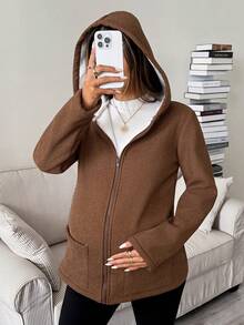 SHEIN Maternity Casual Thermal Lined Hooded 3-In-1 Jacket,Brown 3-In-1 Fleece-Lined Maternity Jacket For Autumn/Winter-Suitable For Various St - Brown - View 8