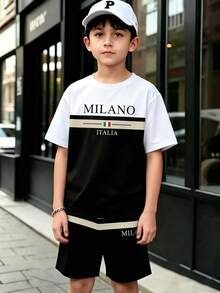 SHEIN 男童两件套服装，2026春夏新款休闲舒适撞色“MILANO ITALIA”字母图案T恤和短裤套装，适合春夏外出、休闲、度假穿着。 - 彩色 - 查看 7