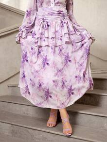VOLUPTÉ CURVE Plus Size Women's Summer Lavender Print A-Line Maxi Skirt, Elegant Ruched Tiered Vacation Skirt High Tea - Beige - View 6