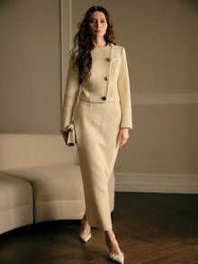 MOTF PREMIUM SET JAKET DAN ROK PENDEK WANITA ELEGAN DENGAN GESPER LOGAM UNTUK PERJALANAN KERJA - Aprikot - View 2