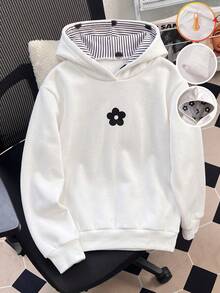 SHEIN 青少年女孩簡約清新風白色連帽衛衣，柔軟蓬鬆面料，正面黑色花卉熱轉印圖案，精緻吸睛連帽內裡黑白直條紋花卉印花，羅紋袖口與下擺，寬鬆落肩版型，加厚單件，適合日常通勤、校園、出遊，秋冬穿著 - 白色 - 查看 5