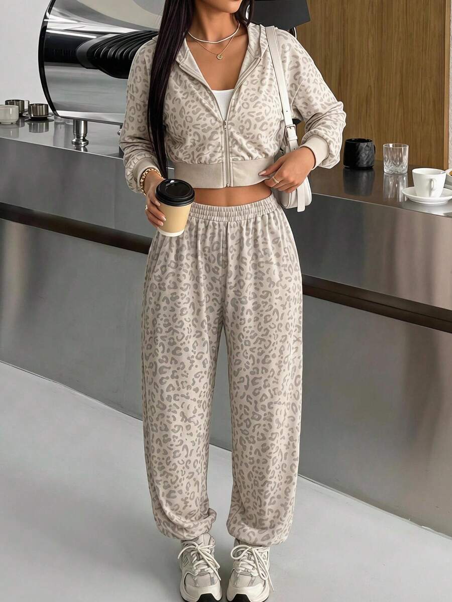 SHEIN EZwear 豹紋針織女款長袖拉鍊連帽衛衣與長褲兩件套 - 彩色 - 查看 1
