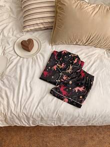 Joivida Set Piyama 2 Potong Lengan Pendek Celana Pendek Motif Kasual Pakaian Rumah Wanita - Hitam - View 7