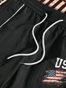 Gym Rark Men's Letter & American Flag Print Drawstring Waist Sports Long Pants - Black - View 4