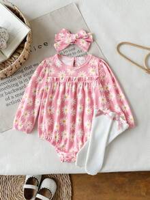 SHEIN Baby Girls Pink Daisy Print Long Sleeve Romper 3 Pieces Set, Round Neck Ruffle Design, Knitted Ribbed Elastic Fabric, Spring/Autumn Sweet Baby Outfit - Pink - View 1