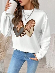 SHEIN LUNE 休閒極簡印花圓領長袖寬鬆女款運動衫 豹紋愛心設計 - 白色 - 查看 4