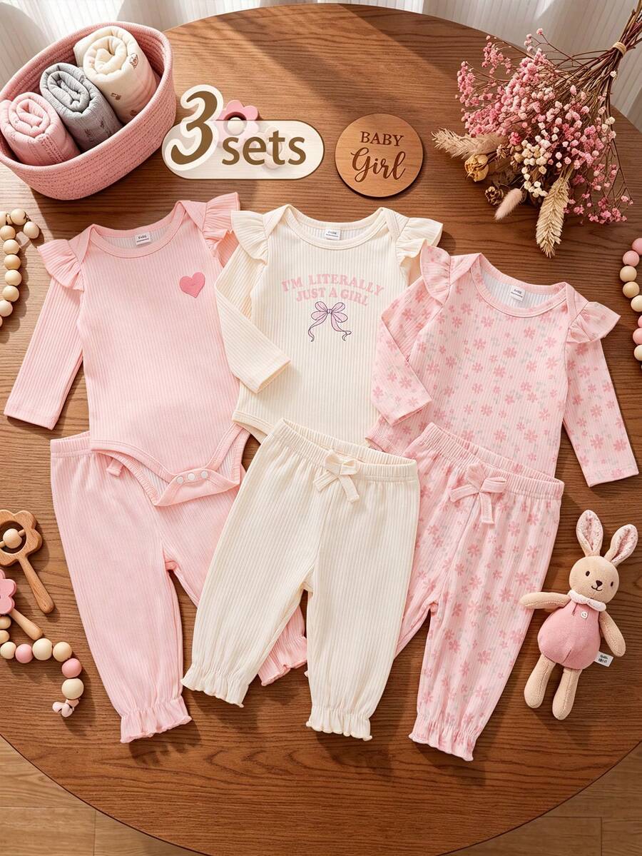 SHEIN 6件組女嬰休閒可愛簡約風春/秋季外出連身衣與褲子套裝，花卉＋定位印花，適合戶外活動、購物、休閒穿著