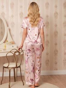 Amorya Set Pakaian Santai Wanita Elegan dengan Kardigan Berkerah Motif Bunga Bahan Sutra Imitasi Lengan Pendek - MultiWarna - View 2