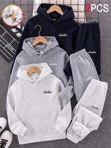 SHEIN 兒童青少年男孩字母印花保暖內裡秋冬連帽衛衣與運動長褲套裝 - 深灰色 - 查看 1