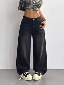 SHEIN ICON 女款寬鬆寬腿休閒牛仔褲，附口袋，秋季服飾 - 黑色 - 查看 3