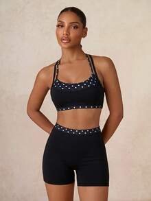 Lumalex 2pcs Comfortable Fabric & Fashion Design Sexy Minimalist Solid Color Patchwork Polka Dot Fabric Sports Tank Top And Shorts, Designed For Women, Suitable For Airport Outfits And Gym Workouts, Slim Fit Style To Showcase Women's Body, Ideal Choice For Women's Gym Workouts - Black and White - View 5