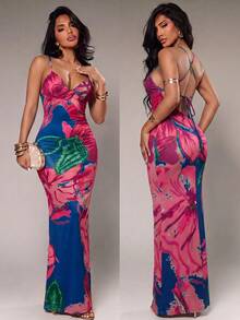 Radiana Damen Sexy Sommer Spaghetti-Träger V-Ausschnitt bedrucktes Kleid mit gekreuztem Bindeband am Rücken, offenem Rücken, figurbetont, vielseitig kombinierbar, für lässigen Alltag, Shopping, Treffen, Urlaub, Strand, Dating, Geburtstag, Abschluss, Insel, Musikfestival, Hausparty, Party - marineblau - Übersicht 4