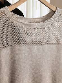 Lacomfia Plus Size Women Solid Color Round Neck Batwing Short Sleeve Hollow Out Knit Top - Apricot - View 6
