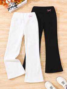 SHEIN Tween Girl 秋季/冬季休閒百搭保暖內裡加厚羅紋喇叭高腰長褲 2件組 - 彩色 - 查看 2