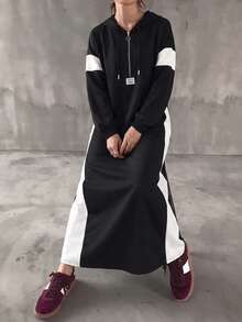 Al Najma Gaun Sweatshirt Berkerudung Longgar, Blok Warna Hitam & Putih, Bahu Jatuh, Menonjol dan Memperindah, Gaun Panjang Selutut - MultiWarna - View 11