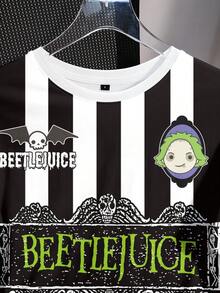 Beetlejuice X SHEIN Women's Black And White Striped Letter Print Round Neck Short Sleeve T-Shirt For Daily Wear Halloween Day Time Holiday Summer Streetwear Casual - White - View 3