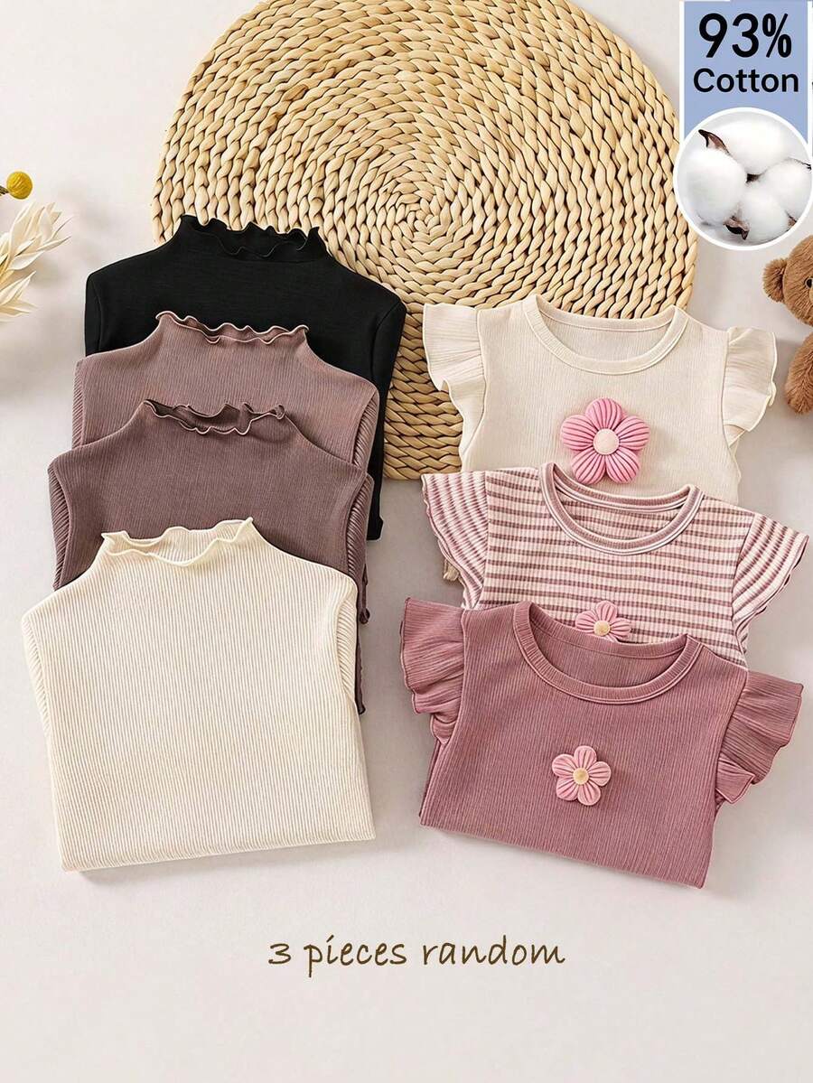 SHEIN 3pcs/Set Young Girls Casual Basic Versatile Ribbed Lettuce Trim Mock Neck Tee Knit Ruffle Collar Fitted T-Shirt Set Autumn/Winter Back-To-School Black - Multicolor - View 1