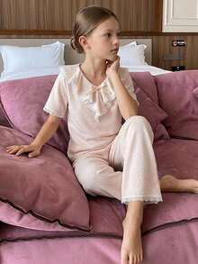 DAZY Tween Girls V-Neck Bow Decor Frill Trim Design Top And Straight Leg Pants 2 Pieces Set Loungewear - Apricot - View 7