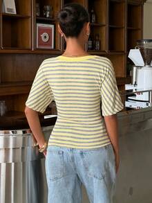 Muchica Yellow Striped V-Neck Short Sleeve Knit T-Shirt For Women,Summer Top Casual - Yellow - View 2