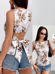 SHEIN 純色修身無袖露背綁帶蝴蝶結短版襯衫，優雅休閒性感極簡風，適合辦公商務，春夏女款上衣 - 黃色 - 查看 1
